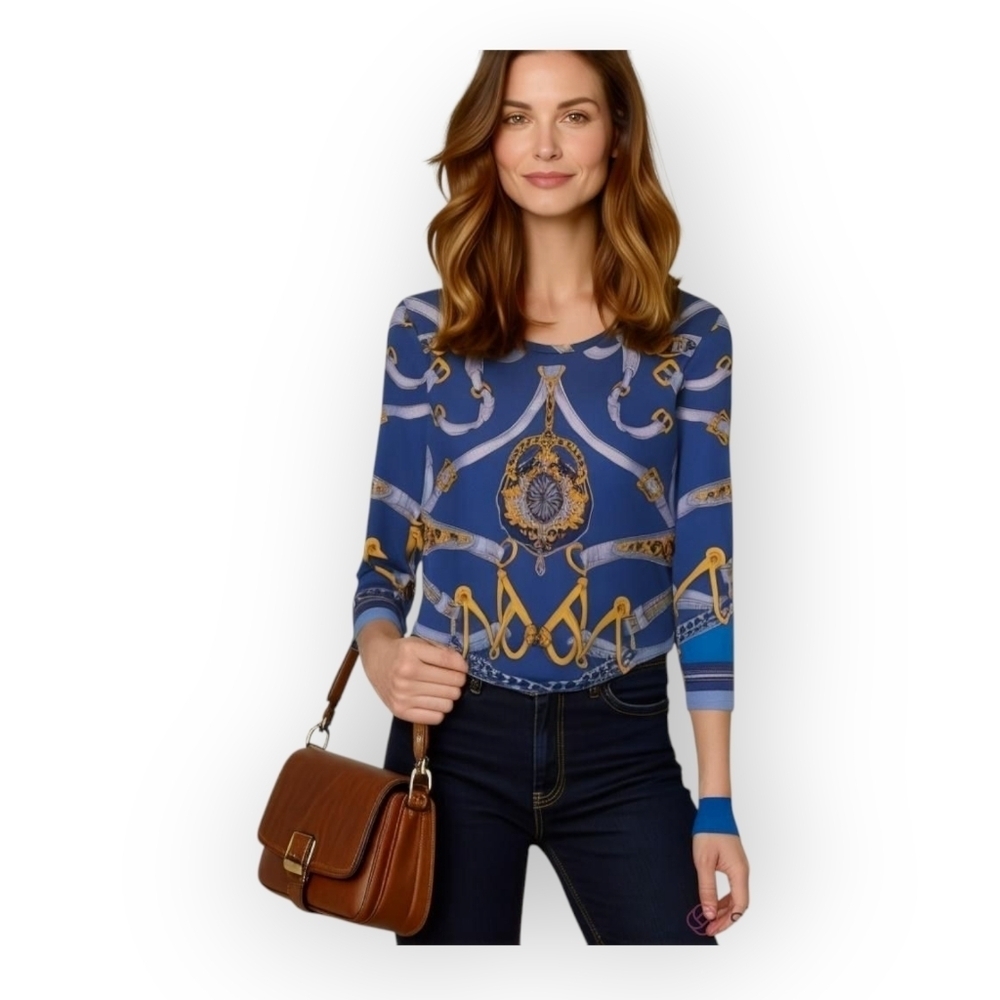J McLaughlin Catalina Blue Gold Chainlink Stretch Top Small 3/4 Sleeve Classic